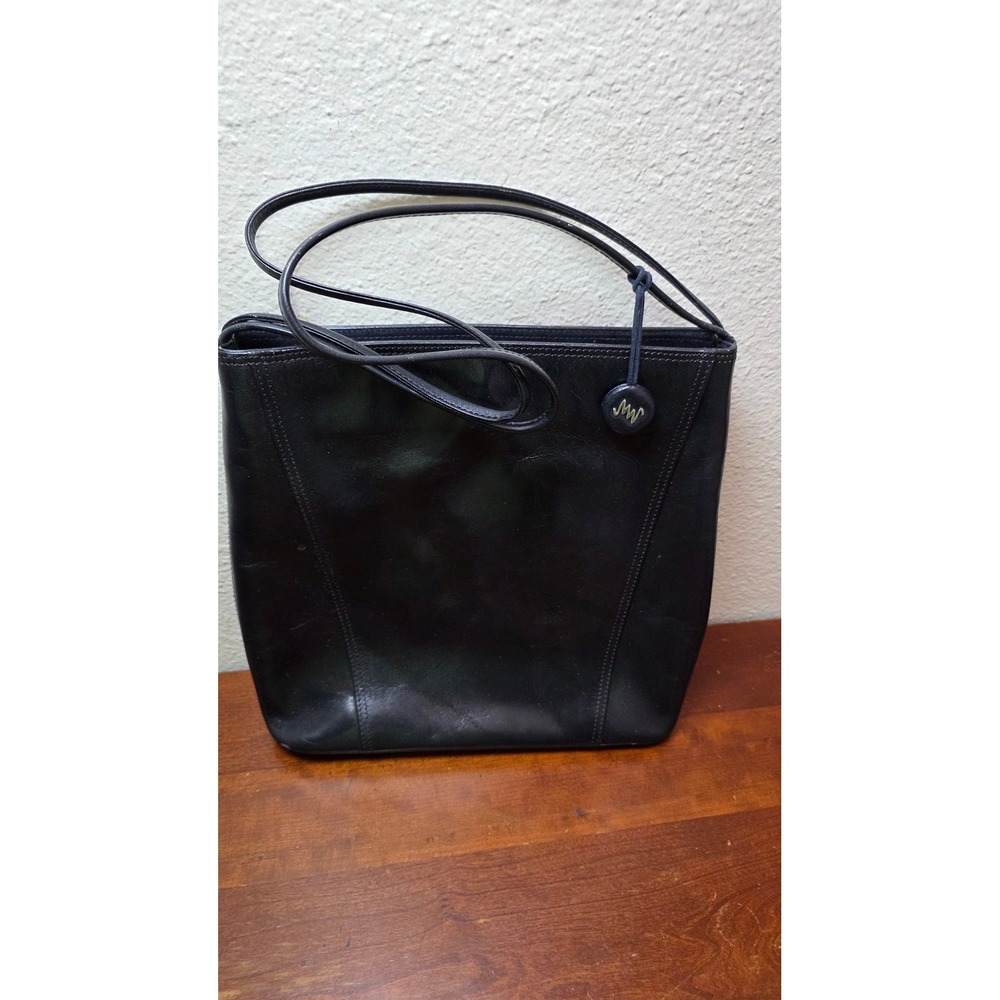VTG Monsac Leather Shoulder Bag Women Medium Black Tote Minimalist MW Logo